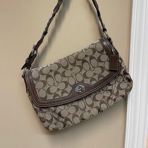 Coach Signature Brown Leather and Fabric Shoulder Bag